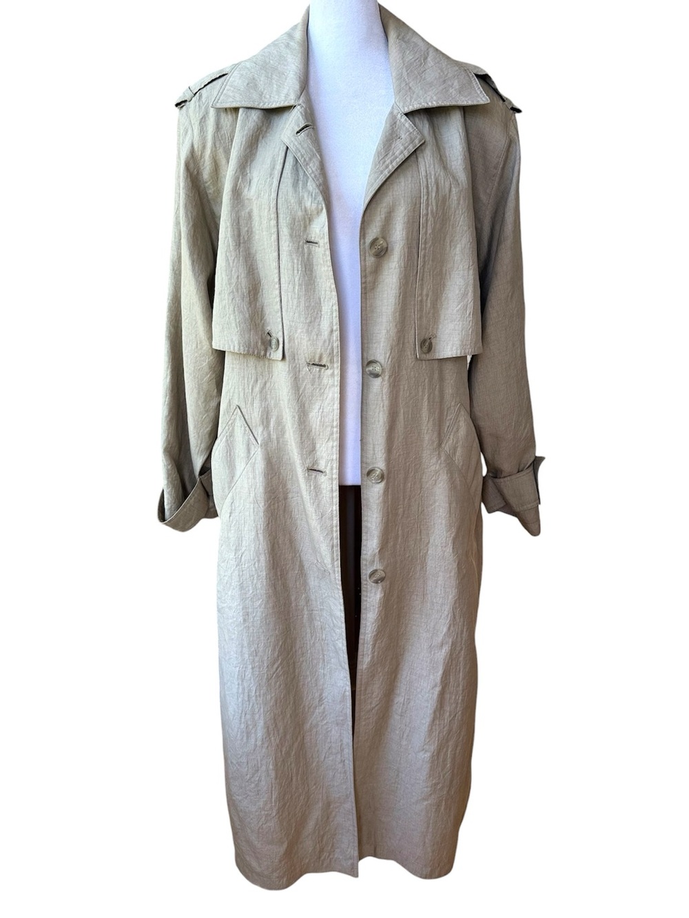 Vintage 80s Otello Pelle Tan Beige Long Trench Coat Sz 7/8